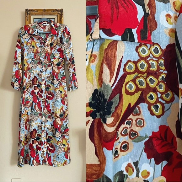 ZARA Blue Silky Satin Floral Printed Long Sleeve Button Down Midi Shirt Dress - Picture 9 of 17